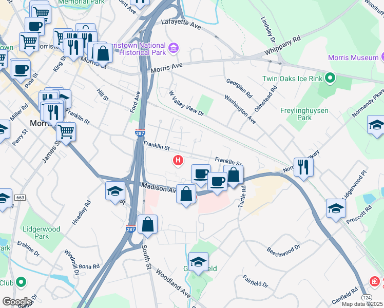 map of restaurants, bars, coffee shops, grocery stores, and more near Franklin St & Dekalb Pl in Morristown