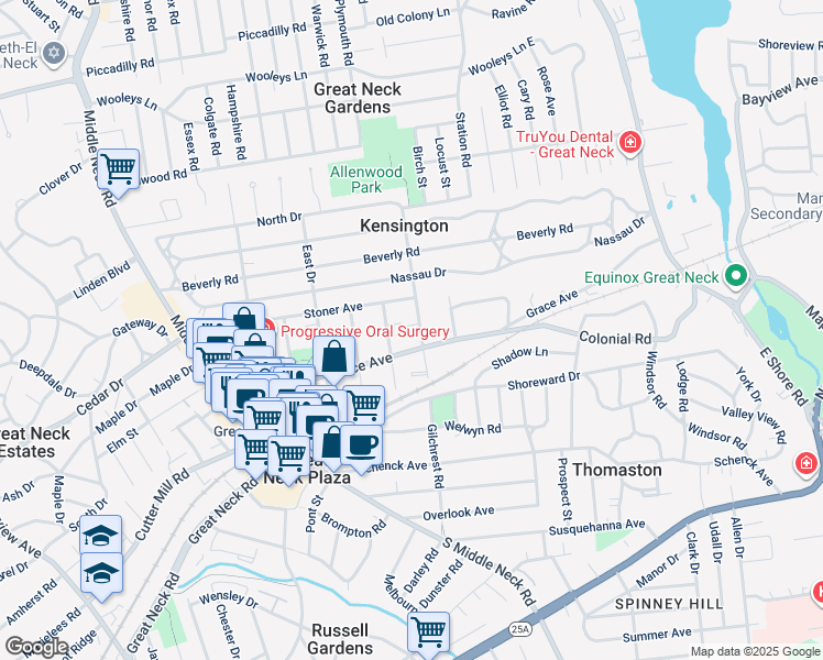 map of restaurants, bars, coffee shops, grocery stores, and more near 60 Stoner Avenue in Great Neck