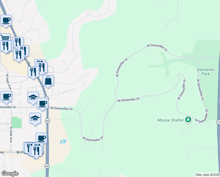 map of restaurants, bars, coffee shops, grocery stores, and more near 121 West Detweiller Drive in Peoria