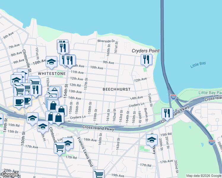 map of restaurants, bars, coffee shops, grocery stores, and more near 1203 160th Street in Queens