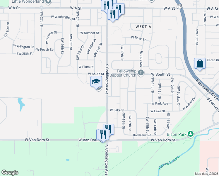 map of restaurants, bars, coffee shops, grocery stores, and more near 2200 Southwest 19th Street in Lincoln