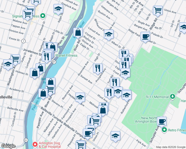 map of restaurants, bars, coffee shops, grocery stores, and more near Belmount Avenue in North Arlington