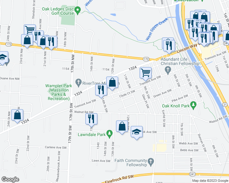 map of restaurants, bars, coffee shops, grocery stores, and more near 1214 Tremont Avenue Southwest in Massillon