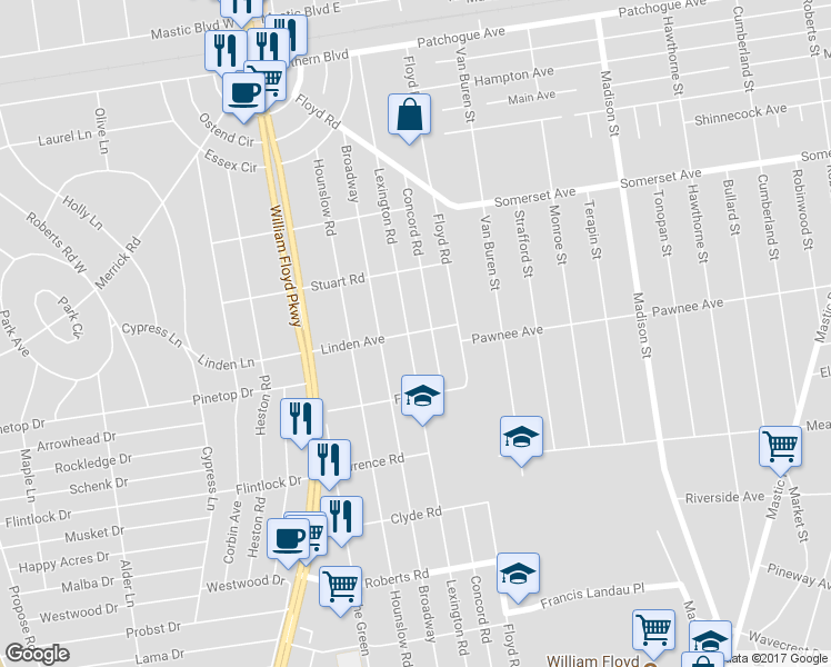 map of restaurants, bars, coffee shops, grocery stores, and more near 84 Linden Avenue in Shirley