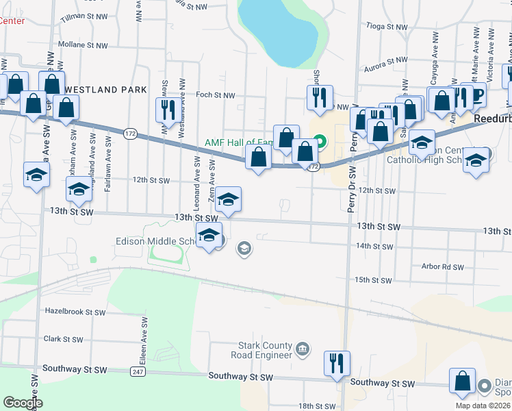 map of restaurants, bars, coffee shops, grocery stores, and more near 5325 13th Street Southwest in Canton