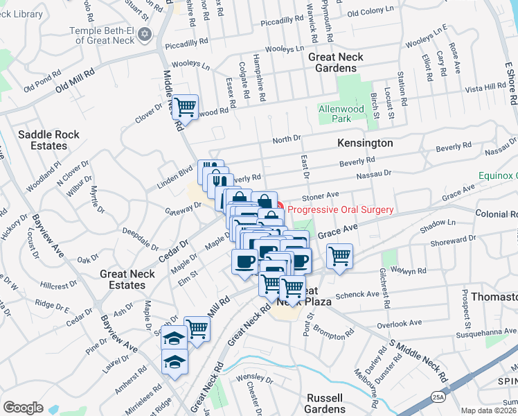 map of restaurants, bars, coffee shops, grocery stores, and more near 6 Nassau Drive in Great Neck