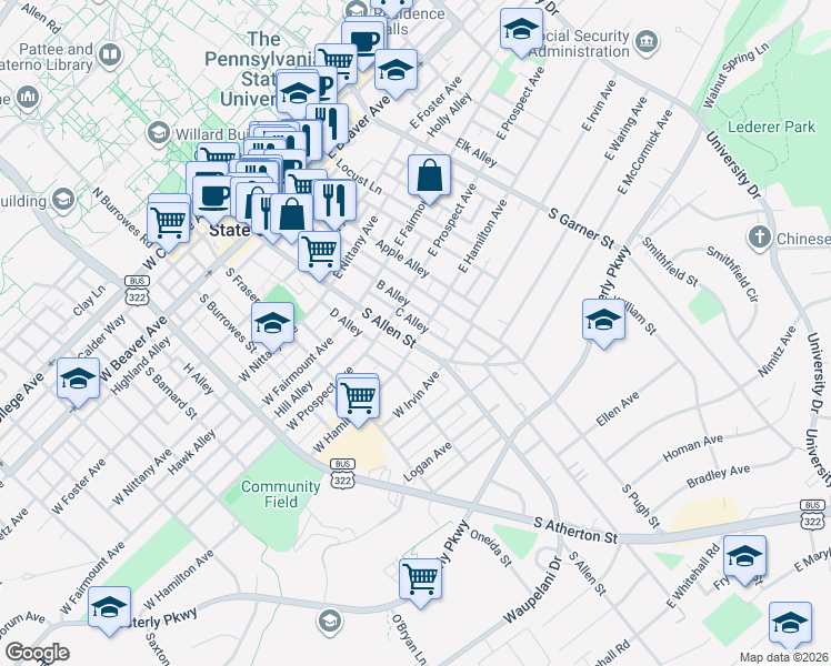 map of restaurants, bars, coffee shops, grocery stores, and more near 118 C Alley in State College