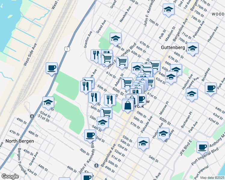 map of restaurants, bars, coffee shops, grocery stores, and more near 620 60th Street in West New York