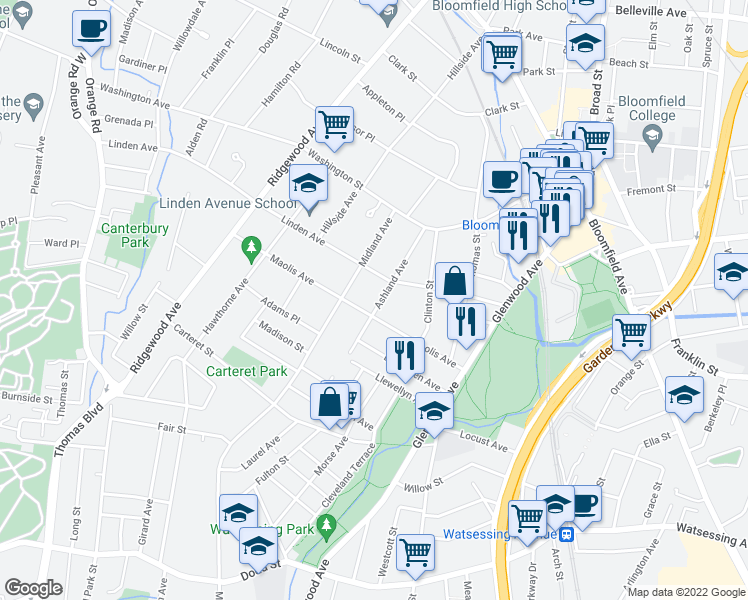 map of restaurants, bars, coffee shops, grocery stores, and more near 158 Ashland Avenue in Bloomfield