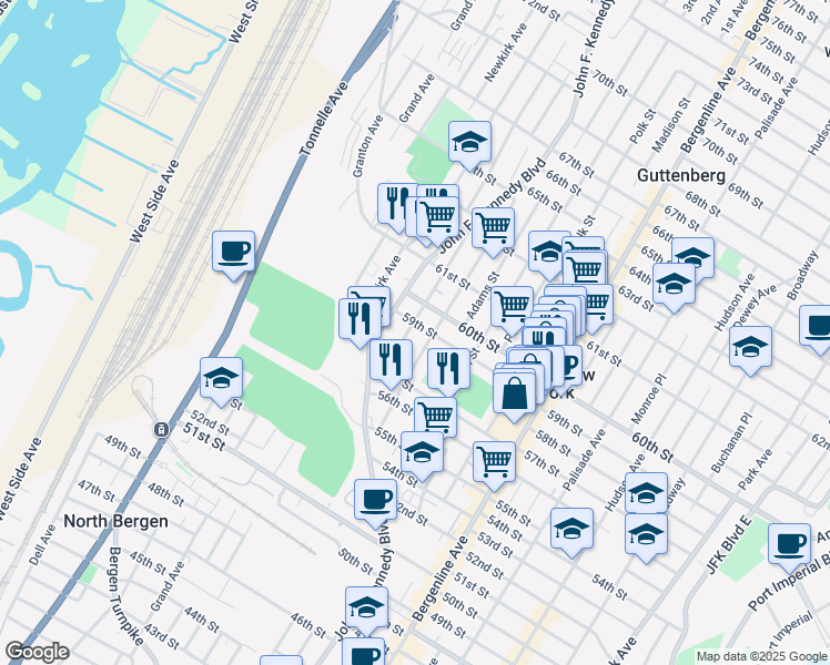map of restaurants, bars, coffee shops, grocery stores, and more near 5808 Washington Street in West New York