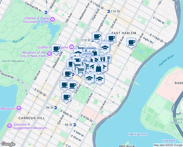 map of restaurants, bars, coffee shops, grocery stores, and more near 212 East 105th Street in New York