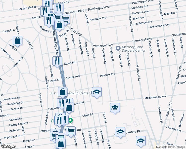 map of restaurants, bars, coffee shops, grocery stores, and more near 54 Concord Road in Shirley