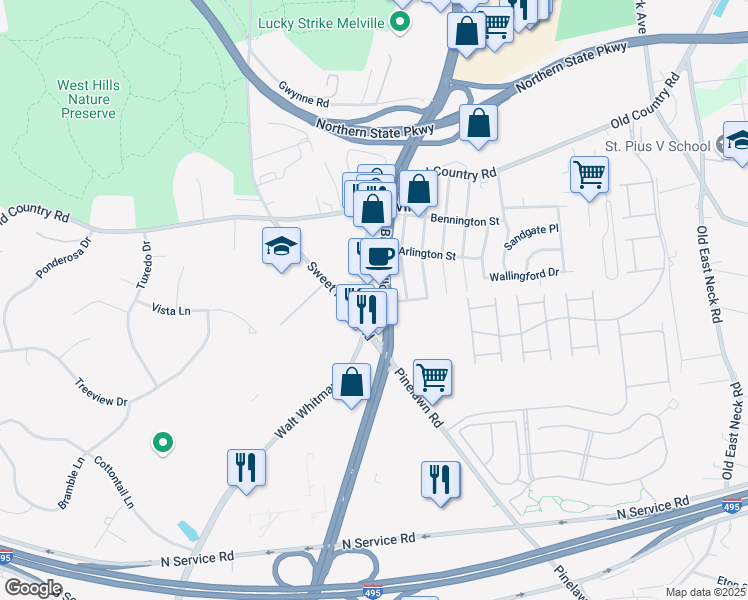 map of restaurants, bars, coffee shops, grocery stores, and more near 60 Broadhollow Road in Melville