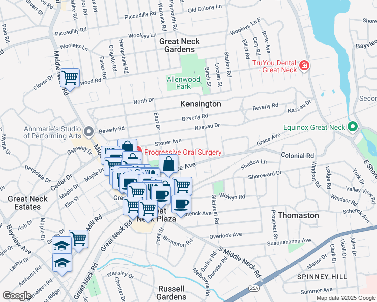 map of restaurants, bars, coffee shops, grocery stores, and more near 41 Stoner Avenue in Great Neck