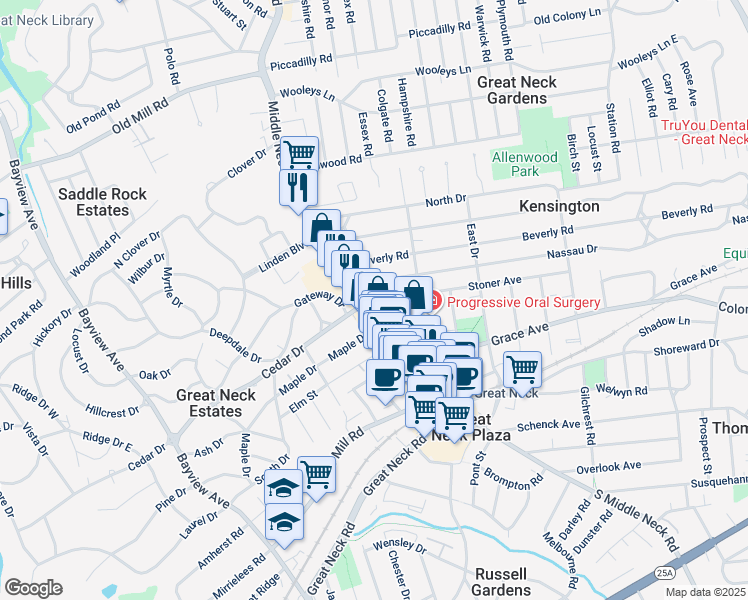 map of restaurants, bars, coffee shops, grocery stores, and more near 2B Nassau Drive in Great Neck