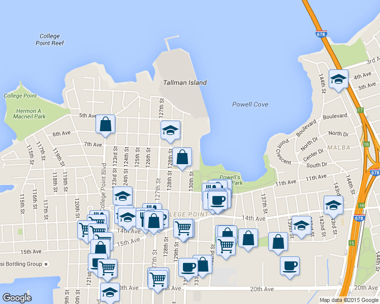 map of restaurants, bars, coffee shops, grocery stores, and more near 6-16 129th Street in Queens