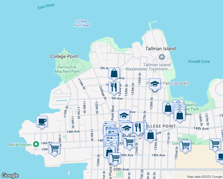 map of restaurants, bars, coffee shops, grocery stores, and more near 121-29 7th Avenue in Queens