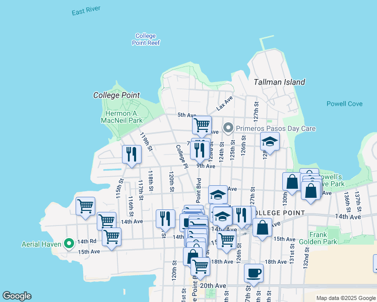 map of restaurants, bars, coffee shops, grocery stores, and more near 121-29 7th Avenue in Queens