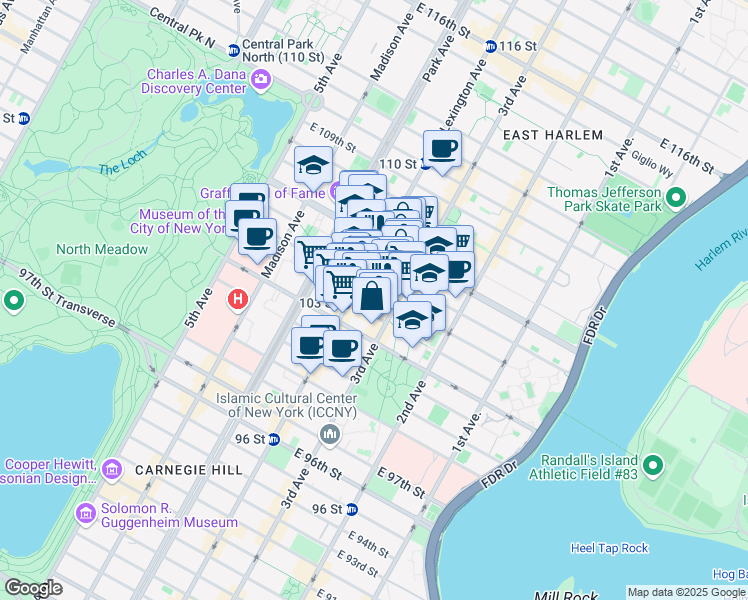map of restaurants, bars, coffee shops, grocery stores, and more near in New York