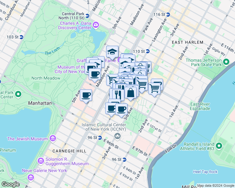 map of restaurants, bars, coffee shops, grocery stores, and more near in New York
