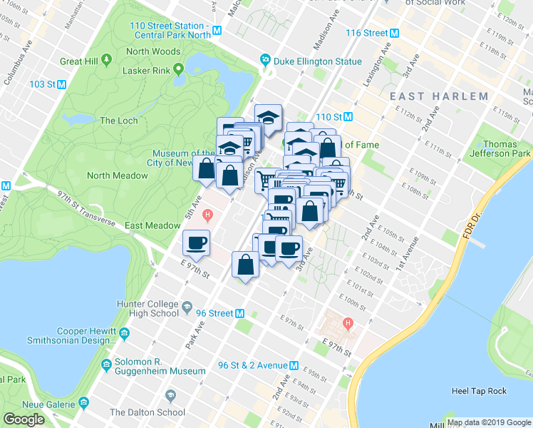 map of restaurants, bars, coffee shops, grocery stores, and more near in New York