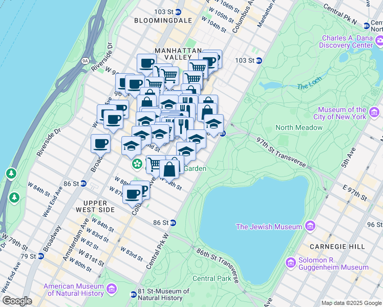 map of restaurants, bars, coffee shops, grocery stores, and more near 66 West 94th Street in New York