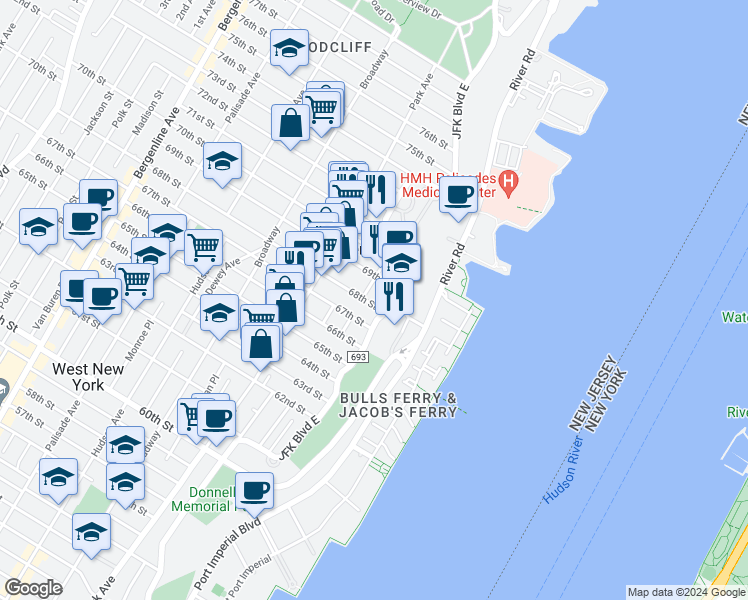 map of restaurants, bars, coffee shops, grocery stores, and more near 6811 Bellevue Avenue in Guttenberg
