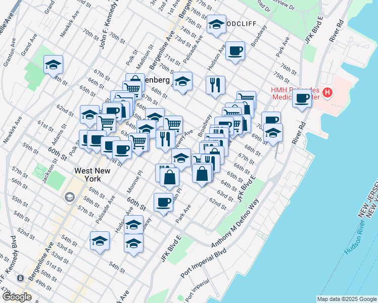 map of restaurants, bars, coffee shops, grocery stores, and more near 6500 Dewey Avenue in West New York