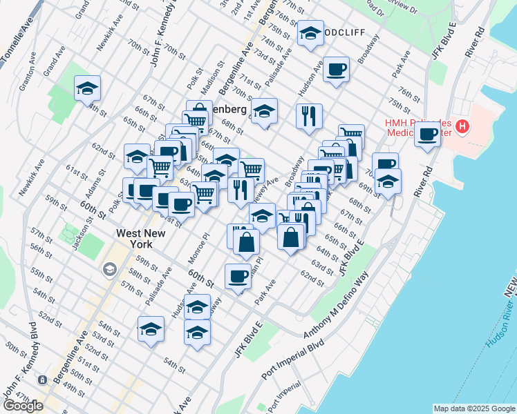 map of restaurants, bars, coffee shops, grocery stores, and more near 6500 Dewey Avenue in West New York