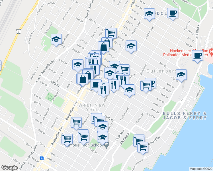 map of restaurants, bars, coffee shops, grocery stores, and more near 6310 Palisade Avenue in West New York