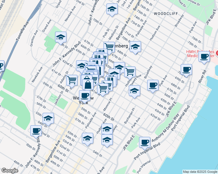 map of restaurants, bars, coffee shops, grocery stores, and more near 430 62nd Street in West New York