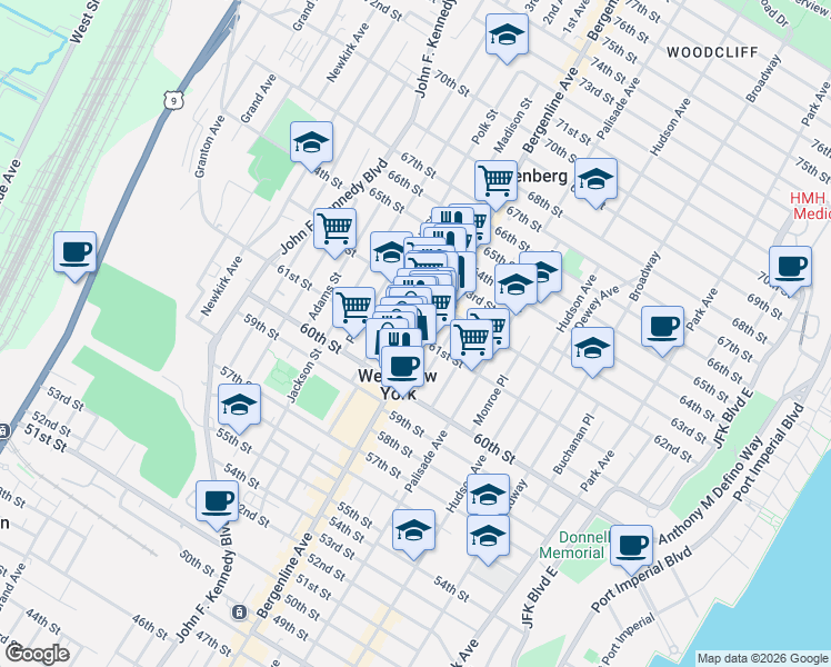 map of restaurants, bars, coffee shops, grocery stores, and more near 6122 Madison Street in West New York