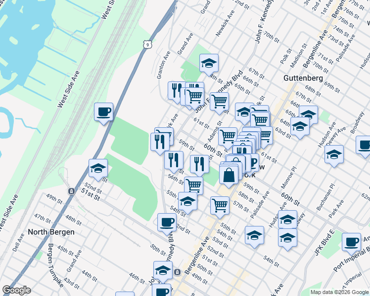 map of restaurants, bars, coffee shops, grocery stores, and more near 5900 John F. Kennedy Boulevard in West New York