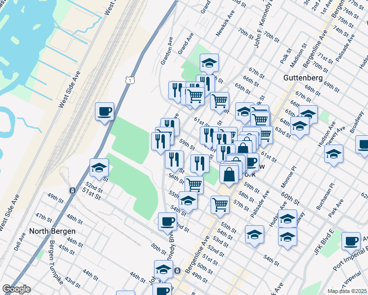 map of restaurants, bars, coffee shops, grocery stores, and more near 5900 John F. Kennedy Boulevard in West New York