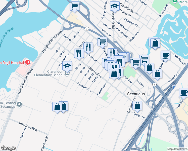 map of restaurants, bars, coffee shops, grocery stores, and more near 758 2nd Street in Secaucus