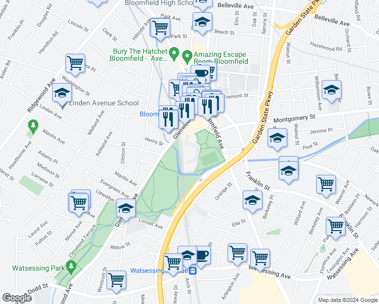 map of restaurants, bars, coffee shops, grocery stores, and more near 40 Conger Street in Bloomfield