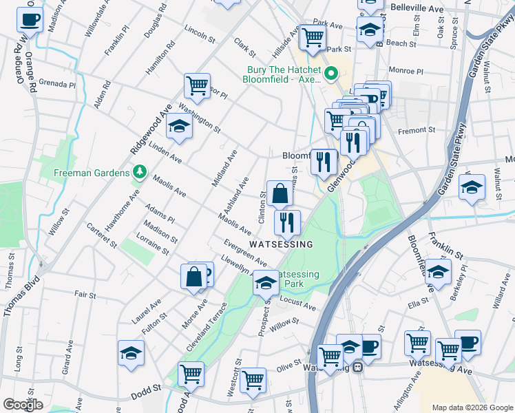 map of restaurants, bars, coffee shops, grocery stores, and more near 87 Linden Avenue in Bloomfield