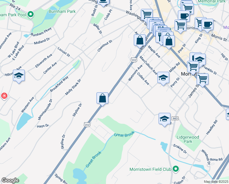 map of restaurants, bars, coffee shops, grocery stores, and more near 68 Mount Kemble Avenue in Morristown