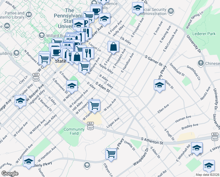 map of restaurants, bars, coffee shops, grocery stores, and more near 118 C Alley in State College