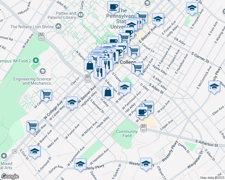 map of restaurants, bars, coffee shops, grocery stores, and more near 224 South Burrowes Street in State College