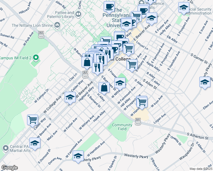 map of restaurants, bars, coffee shops, grocery stores, and more near 224 South Burrowes Street in State College