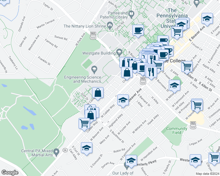 map of restaurants, bars, coffee shops, grocery stores, and more near 310 South Barnard Street in State College