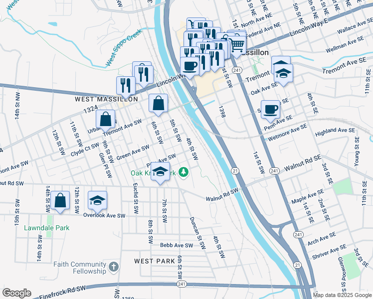 map of restaurants, bars, coffee shops, grocery stores, and more near 422 4th Street Southwest in Massillon