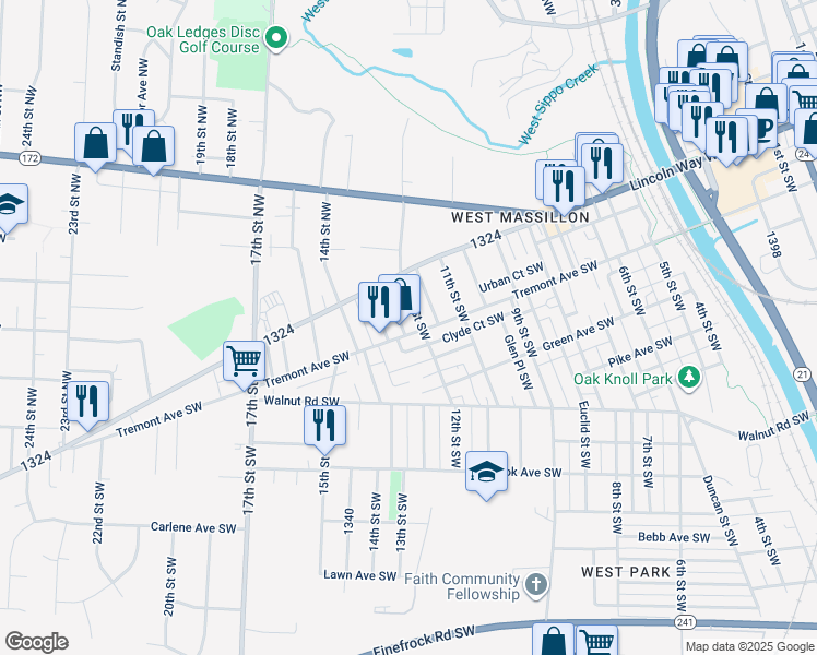 map of restaurants, bars, coffee shops, grocery stores, and more near 33 12th Street Southwest in Massillon