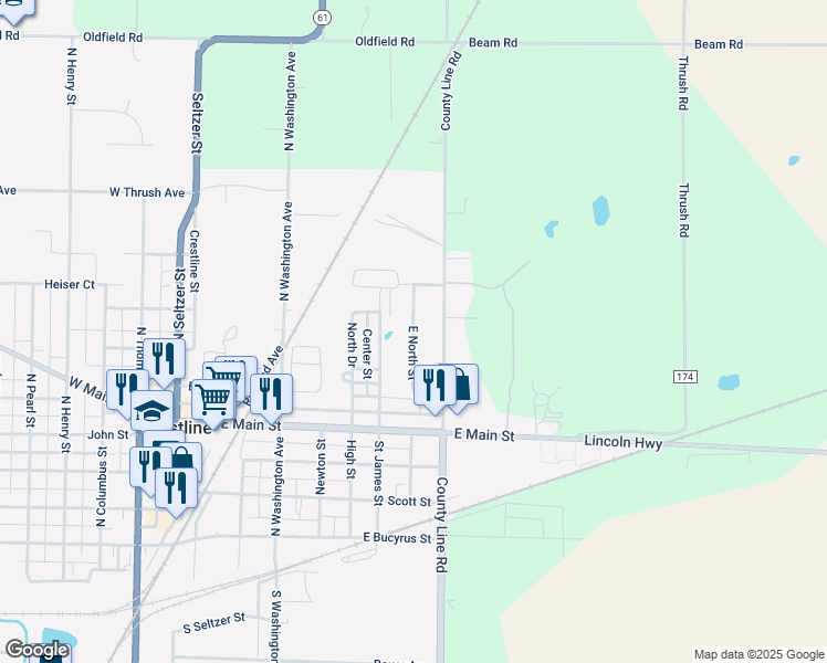 map of restaurants, bars, coffee shops, grocery stores, and more near 637-799 Saint James Street in Crestline