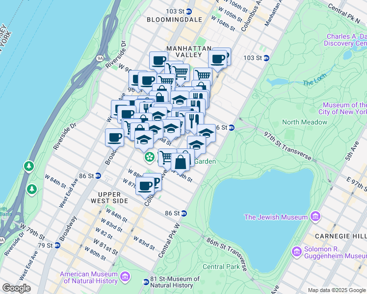 map of restaurants, bars, coffee shops, grocery stores, and more near 70 West 93rd Street in New York