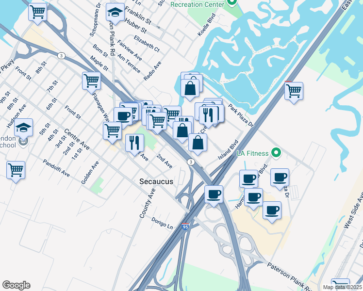 map of restaurants, bars, coffee shops, grocery stores, and more near 10 Mill Creek Drive in Secaucus