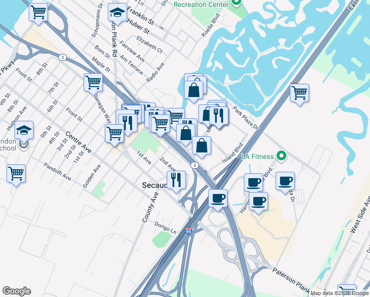 map of restaurants, bars, coffee shops, grocery stores, and more near 3 Mill Creek Drive in Secaucus