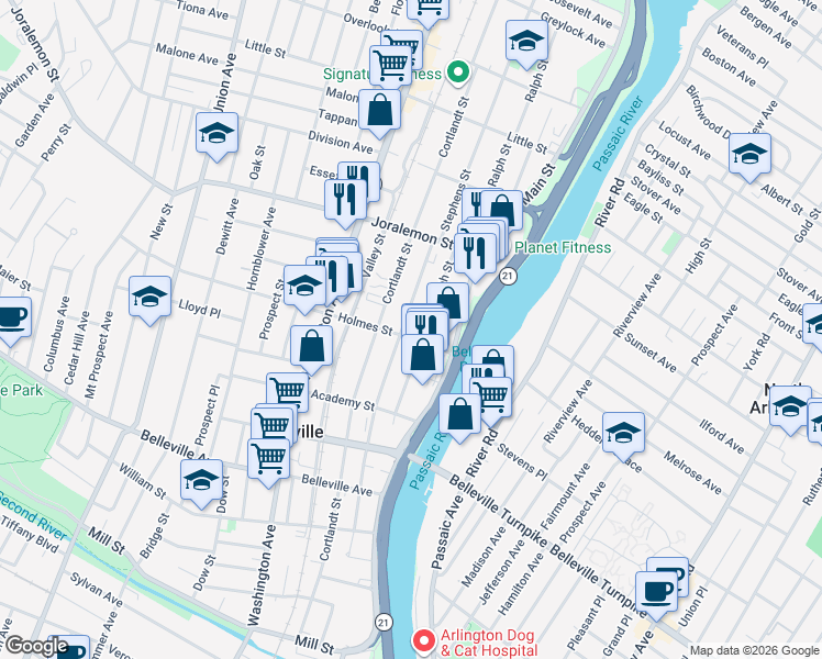 map of restaurants, bars, coffee shops, grocery stores, and more near 204 Stephens Street in Belleville
