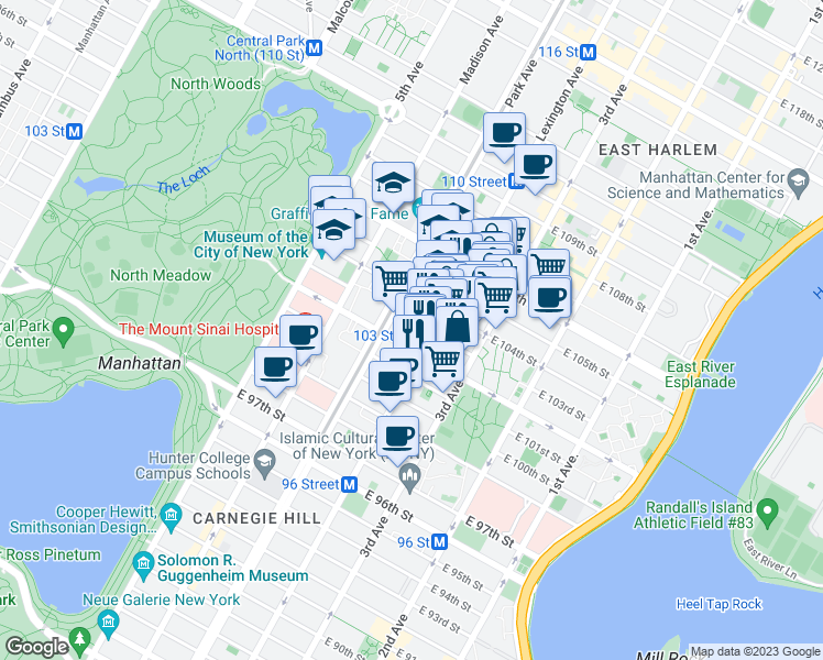 map of restaurants, bars, coffee shops, grocery stores, and more near 105 East 103rd Street in New York